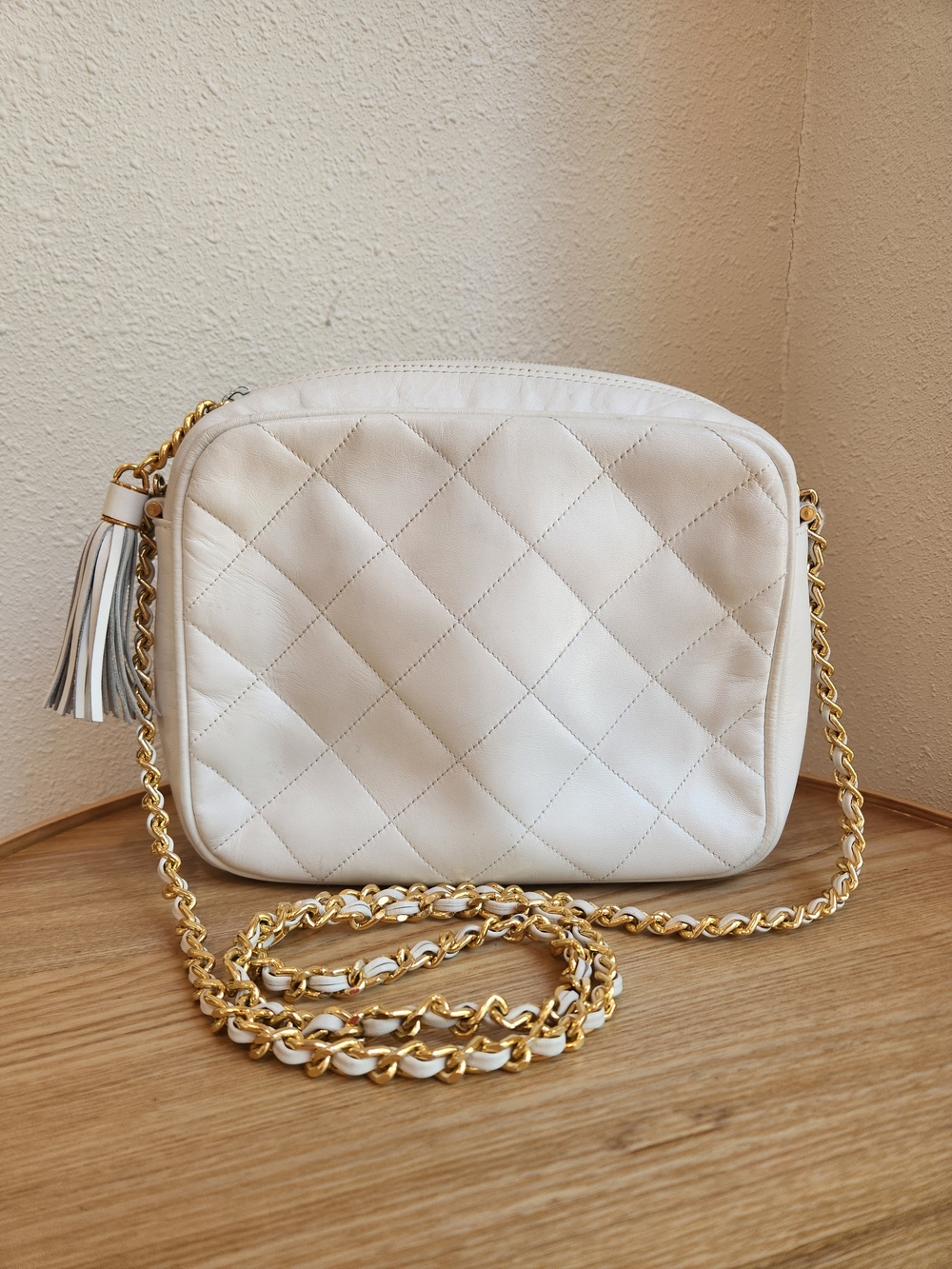 Susan Gail White Quilted Crossbody Bag with Gold Chain